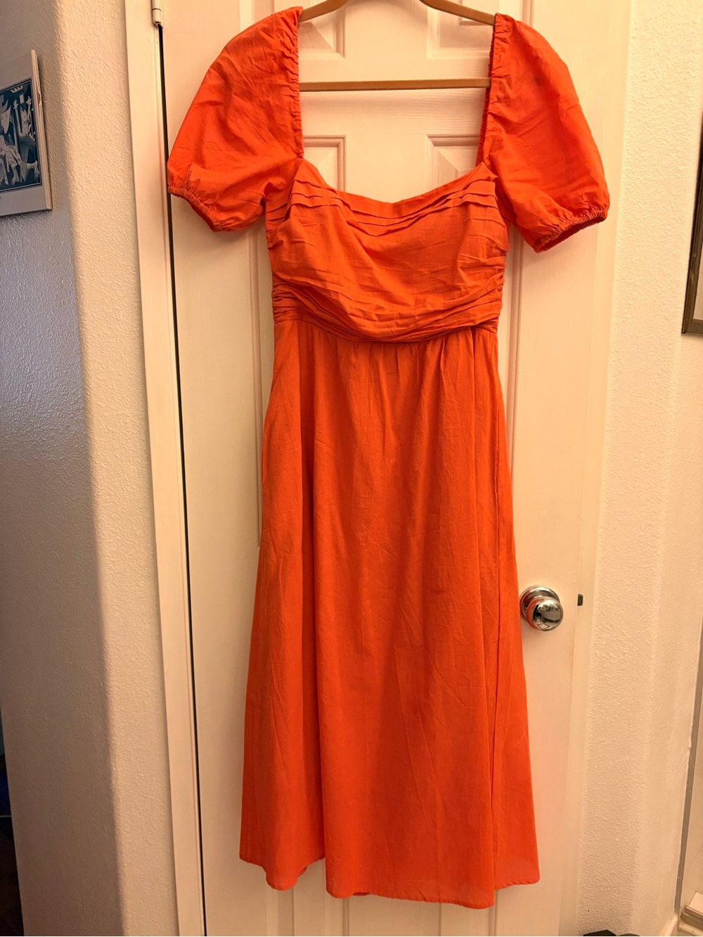 Orange Puff-Sleeve Midi Dress with Square Neckline